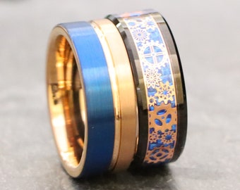 Black Tungsten Wedding Band, Anniversary Ring for Him, Men's Pipe Cut 8mm Rose Gold Plated Wedding Band, Blue IP Tungsten Carbide Band Ring