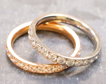 Anniversary Rings, Wedding Band, Skinny Rose Gold CZ Stone Band, Vintage Full Eternity Art Deco Dainty Stacking Bands, Promise Matching Band