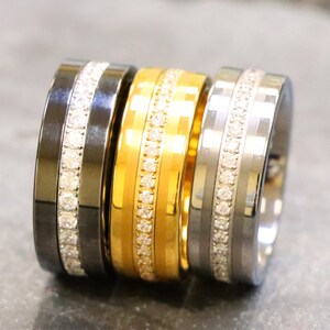 Black Tungsten Ring, 8mm Men&#39;s Tungsten Wedding Band, Black CZ Eternity Ring with Free Laser Engraving, Christmas Gifts