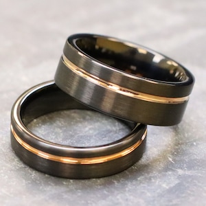 Mens Tungsten Wedding Band, Anniversary Ring, Black Rose Gold Inlay Pipe Cut Ring, Black Brushed Tungsten Wedding Bands, Mens Two Tone Rings