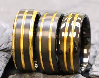 Yellow Gold Band, Men’s Engagement Ring, Gold Men's Wedding Ring, Black Wedding Unique Rings, 8mm Gold Striped Black Polished Tungsten Bands