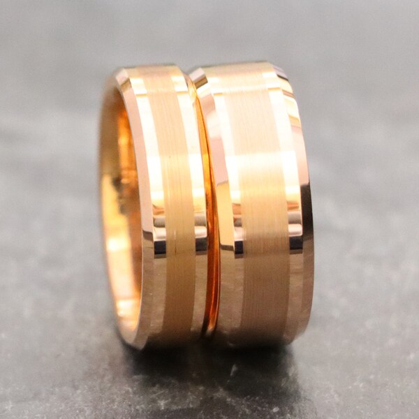 Unisex Rose Gold Tungsten Wedding Band, Men's Rose Gold Ring, Brushed Center Polished Edge Ring, Mens Engagement Ring, Mens Anniversary Ring