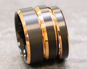 Mens Wedding Bands, Black Brushed Tungsten Ring, Black & Rose Gold Bands For Men, Womens Anniversary Gift, Tungsten Engagement Ring for Gift