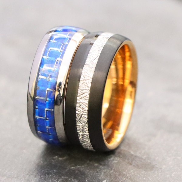 Mens Meteorite Wedding Band, Men Tungsten Black and Gold Rings, Engagement Bands, Husband Anniversary Gift, 8mm Domed Blue Carbon Fiber Ring