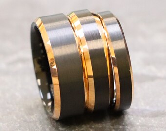 Men Wedding Band, Promise Ring, Mens Womens Ring, Comfort Fit Ring, Black Tungsten Carbide Ring, Rose Gold Anniversary Ring, Engagement Ring