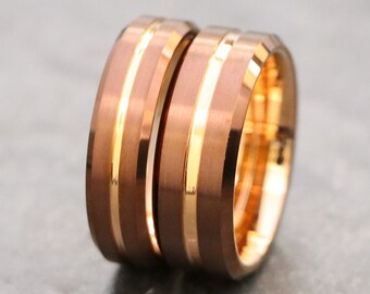 Wedding Ring for Men, His and Hers Coffee & Rose Gold Tungsten Bands, Wedding Band for Her, Engagement Gift Ring, Promise Rings For Couples