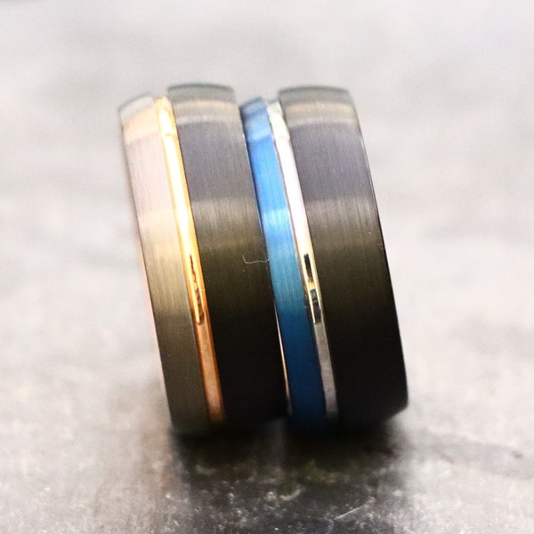 Unisex Blue Tungsten Ring, Men's Black Band, Tri-Tone Unique Wedding Ring, Man Promise Ring for Him, Mens Tungsten Wedding Ring, Womens Ring