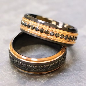 Black & Rose Gold Tungsten Band, Diamond Eternity Band, 8mm Rose Gold Band, Men’s 14K Gold Plated Tungsten Carbide Wedding Band, Men’s Rings