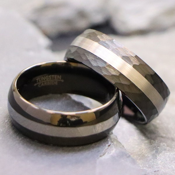 Men's Black Wedding Ring with Striped Center, Chiseled Wedding Ring, Mens Engagement Ring, Men Anniversary Ring, Black Tungsten Wedding Band