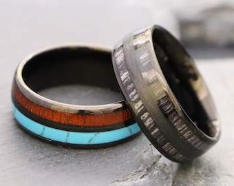 8mm Wedding Rings, Anniversary Ring, Engagement Rings, Tungsten Carbide Rings for Man & Woman, Double Stripe Inlay Dark Gray Wood Dome Bands