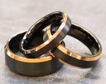 Tungsten Wedding Ring, Mens Black brushed Rings, Anniversary Ring for Couple, Black & Rose Gold Tungsten Ring, Thin Two Tone Engagement Ring