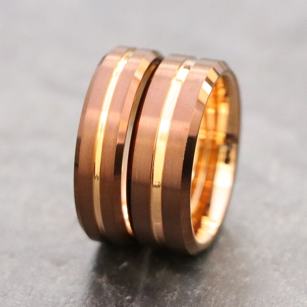 Men's Tungsten Ring, Promise Ring for Him, Anniversary Ring, Mens Unique Ring, Brown Rings, Coffee Ring with Rose Gold IP Brown Wedding Band