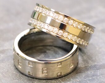 Unique Wedding Ring, Silver Titanium Ring, Engagement Ring, 9mm Comfort Fit Ring, Mens Wedding Band, CZ Stone Eternity Rings Round cut Bands