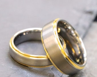 Men's Brushed Tungsten Wedding Band, Silver and Gold Ring