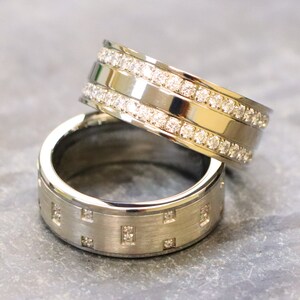 Unique Wedding Ring, Silver Titanium Ring, Engagement Ring, 9mm Comfort Fit Ring, Mens Wedding Band, Diamond Eternity Rings, Round cut Bands