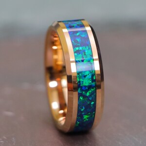 Rose Gold Tungsten Opal Wedding Band | 8mm His & Her Engagement Ring | Green and Blue Opal Inlay Men&#39;s Ring, Christmas Gift
