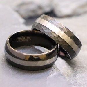 Men&#39;s Anniversary Ring, Black Tungsten Wedding Bands, Unisex Hammered Tungsten carbide Wedding Rings, Men Promise Ring or Gift for Boyfriend
