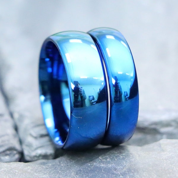 Men's Blue Ring, Couple Matching Ring, Mens Wedding Band, High Polished Tungsten Ring, Promise Ring, Tungsten Carbide Couple Engagement Ring