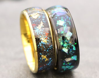 Womans Anniversary Ring, Engagement Ring, Man & Woman Glitter Wedding Ring, Yellow Gold Tungsten Ring, Anniversary Ring for Her, Unique Ring