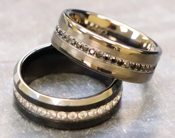 Black Tungsten Ring For Men, Wedding Band 8mm Ring, Men's IP Plated Eternity Set CZ Wedding Band, Beveled Edge Tungsten Carbide Ring for Men