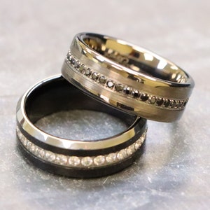 Black Tungsten Ring For Men, Wedding Band 8mm Ring, Men&#39;s IP Plated Eternity Set CZ Wedding Band, Beveled Edge Tungsten Carbide Ring for Men