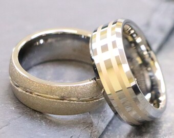 Tungsten Mens Rings, Polished Flat Ring, Beveled Edges Mens Wedding Band, Brushed Double Lined Center Tungsten Mens Band, Men's Wedding Ring
