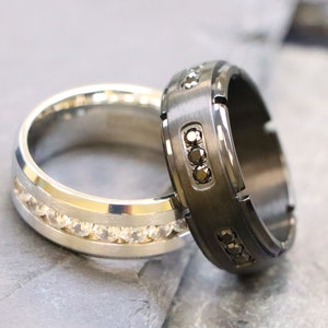 8mm Men&#39;s Tungsten Engagement Band, Diamonds Comfort Fit Band, Women 8mm Personalized Titanium Ring, Anniversary Black Eternity Wedding Ring