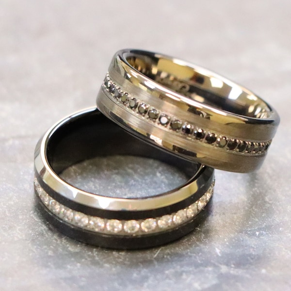 Tungsten Wedding Band, Beveled Edge Tungsten Carbide Ring for Men, Mens Black Diamond Ring, Husband Anniversary Gift, Round Engagement Rings