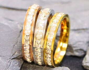 Women's Wedding Bands, Full Eternity Band For Women, Engagement Band, Matching Band For Her, Titanium Ring, CZ Stone Rose Gold Wedding Bands