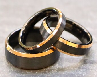 Thin Wedding Band, Black & Rose Gold Band, Mens Tungsten Band, Anniversary Ring for His and Her, Brushed Wedding Ring, Women Engagement Ring