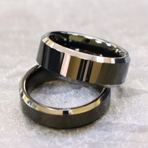 His and Her Tungsten Wedding Band, 8mm 6mm Black IP Plated Polished Tungsten Rings For Couple&#39;s, Custom Engraved Personalized Tungsten Rings
