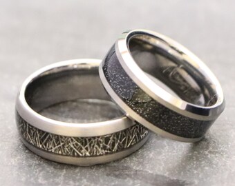 8mm Black Meteorite Sandblasted Wedding ring, Black obsidian Sandblasted Men's Wedding Bands, Silver Tungsten Engagement Rings, Promise Ring