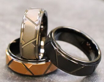 Men Black Wedding Ring, Mens Wedding Band, Engagement Rings, Husband 5th Anniversary Gift, Rose Gold Brushed Tungsten Carbide hammered Rings