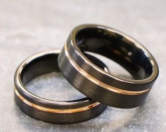 Couple Matching Tungsten Ring, Black And Rose Gold Ring, Men Wedding Band, Rose Gold Tungsten Carbide 8mm Engagement Ring, Anniversary Bands