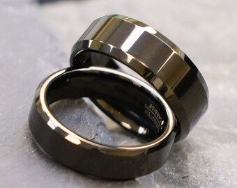 Black Tungsten Wedding Ring His and Hers, 8mm and 6mm Bands, Couple Anniversary Rings, Shiny Polished Engagement Rings, Men's Wedding Rings