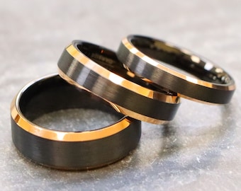 Unique Mens Wedding Ring, Matted Brushed Center, Black Tungsten Carbide Rings, 8mm Rose Gold Inly Rings, Mens Engagement Ring, Wedding Bands