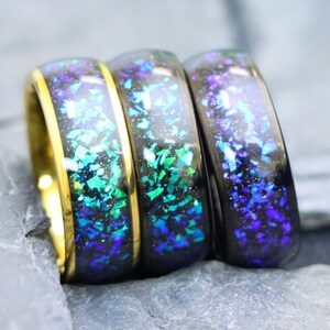 8mm Unisex Anniversary Band, Domed Gold Tungsten Green and Blue Opal & Abalone Fragment Inlay Men&#39;s Unique Wedding Ring, Laser Engraved Ring