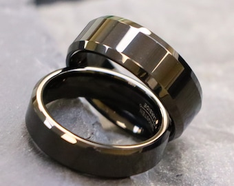 8MM/6mm His and Her Tungsten Wedding Ring, Black Ring Couples Matching Rings, Black High Polished Band, Mans and Womans Engagement Band ring