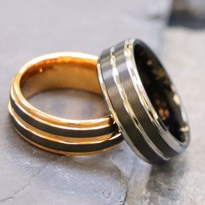 Men&#39;s Tungsten Wedding Bands, Unique Two Tone Anniversary Ring, Laser Engrave Promise Rings, Black Tungsten Carbide Grooved Engagement Rings