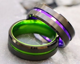 Men’s Women’s Black Green Tungsten Carbide Wedding Bands, Engagement Rings, Tungsten Wedding Bands, Men's Black Bands, Black Tungsten Ring