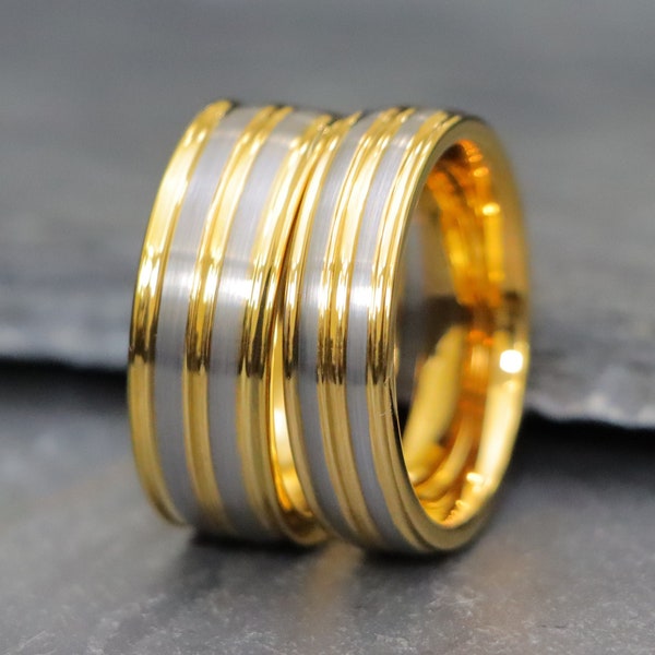 Mens Wedding Band, Mens Gift 8mm Two Tone Ring, Men's Tungsten Wedding Band, Yellow Gold Rings, Personalized Rings, 6mm Double Grooved Rings