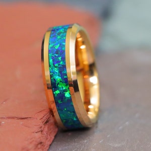 Tungsten Band, Rose Gold Ring, Blue Green Opal Ring, 8mm Wedding Ring, Engagement Band, Men Women Personalized Ring, Emerald Green Opal Ring