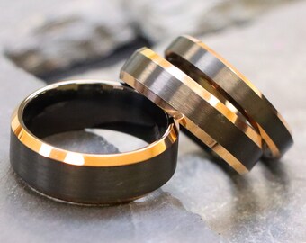 Tungsten Promise Ring, Anniversary Ring for Her, Black Tungsten Ring with Rose Gold Strip, Mens Wedding Band, Men's Tungsten Ring, Gift Band