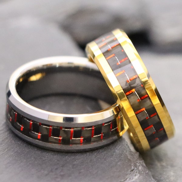 Yellow Gold Tungsten Ring, Mens Tungsten Wedding Band, 8mm Carbon Fiber Wedding Ring, Engagement Rings, Red Wedding Rings, Yellow Gold Bands