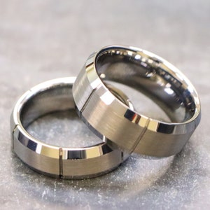 Men Women Tungsten Wedding Band, 7MM Beveled Edges Groove Rings, Custom Engraved Personalized Rings, Couple Engagement Silver Tungsten Rings
