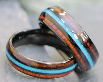 Wedding Ring for His and Her, Men Women Wedding Bands with Opal and Wood, Wood Wedding Band for Men, Koa Wood Ring, Wood Black Couple Bands