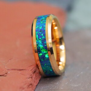 Mens 8mm Rose Gold Plated Wedding Band, Emerald Green Opal Inlay Tungsten Carbide Wedding Ring, Engraved Couple Anniversary Ring, Rose Gold