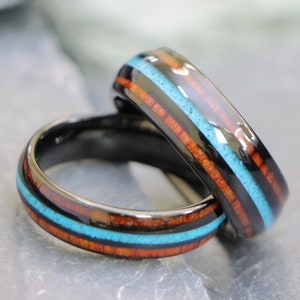 Wedding Ring for His and Her, Men Women Wedding Bands with Opal and Wood, Wood Wedding Band for Men, Koa Wood Ring, Wood Black Couple Bands
