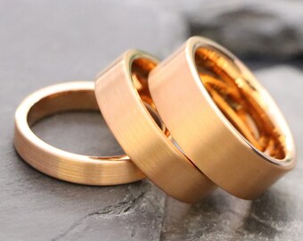 Tungsten Ring, Brushed Polished Flat Pipe Ring, Custom Engraved Ring, Men's Wedding Bands, Men's Rose Gold Ion Plated Tungsten Carbide Bands