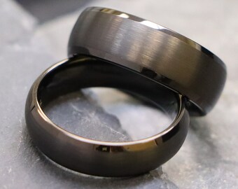 Anniversary Promise Ring, Engagement Ring, Black Tungsten Wedding Band, Dome Style Tungsten Carbide Rings, Brushed Center Matte Black Rings